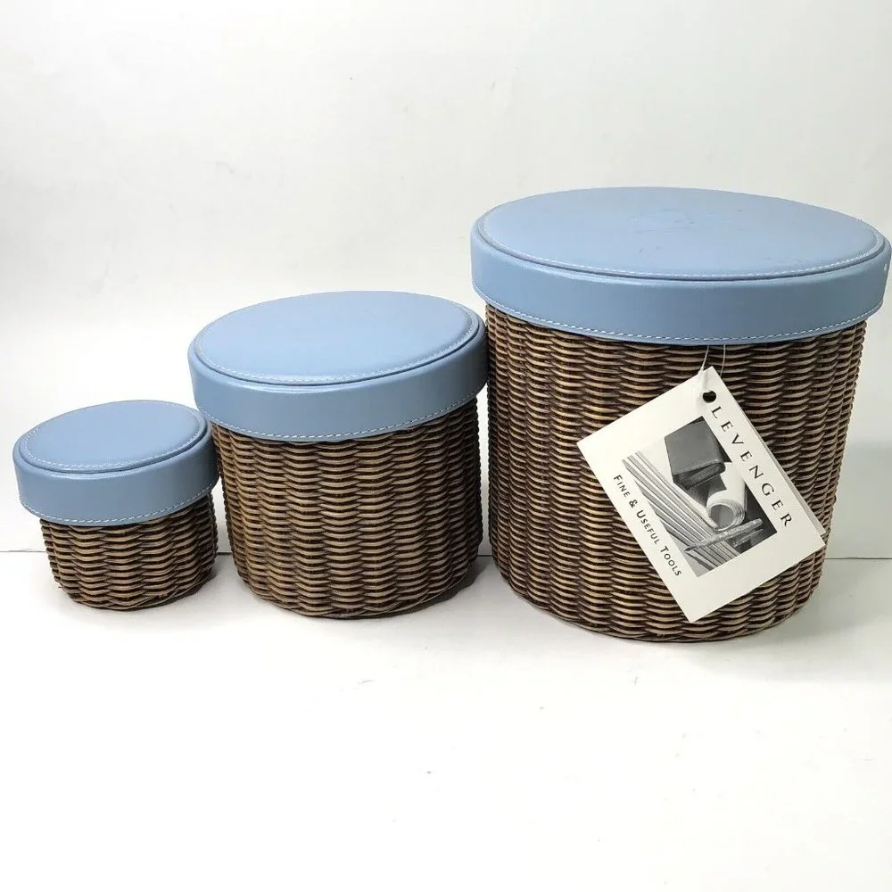 RARE Vintage 2002 Set of 3 LEVENGER Woven Nesting Baskets Stackable Leather Lids - Picture 1 of 8